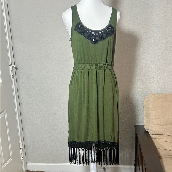 NY Collection Dresses & Skirts - NY Collection Olive Dress with Black Fringe